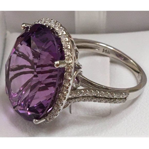 NIB MASSIVE 22 ct 19x16 mm Amethyst & .6 ct Diamond Ring 14K White Gold Size 6.5 - Picture 3 of 11